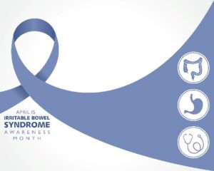 A blue ribbon with icons of the intestines, stomach, and stethoscope with text reading “April is IBS Awareness Month”