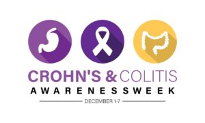 Three icons in a roll above CROHN’s & COLITIS AWARENESS WEEK.