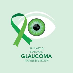 Green and White Graphic with an Eye and a Green Ribbon Over it and the Text “January is National Glaucoma Awareness Month”