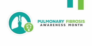An illustration of lungs next to the words Pulmonary Fibrosis Awareness Month.
