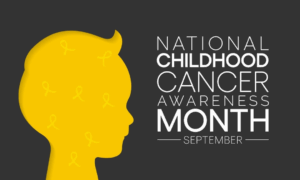 The profile of a kid in yellow with yellow ribbons next to NATIONAL CHILDHOOD CANCER AWARENES MONTH September.
