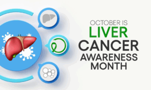 An icon of a liver with three icons next to it and the word October is Liver Cancer Awareness Month.